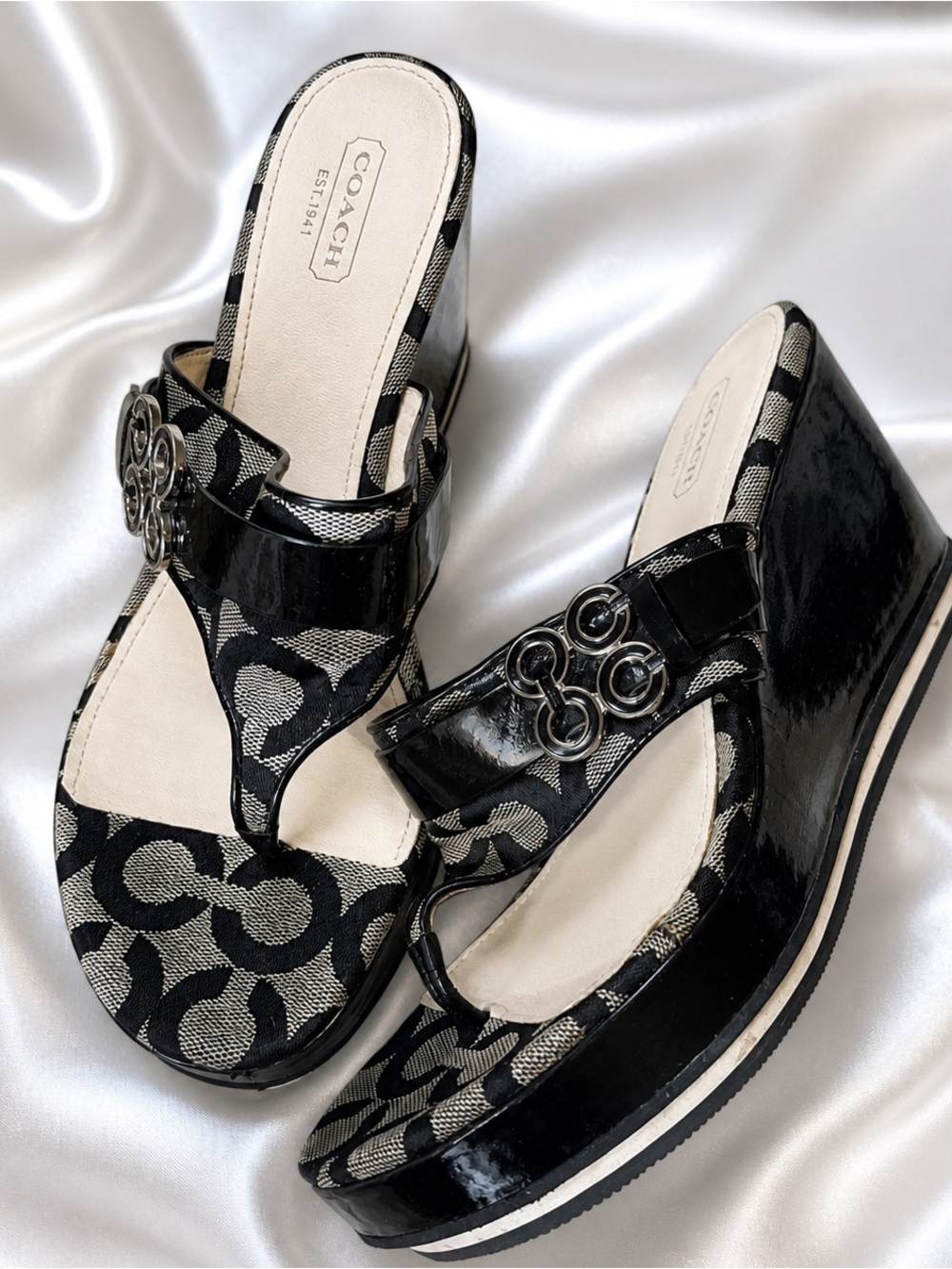 Coach Signature Monogram Black Patent Wedge Sandals Size 9
